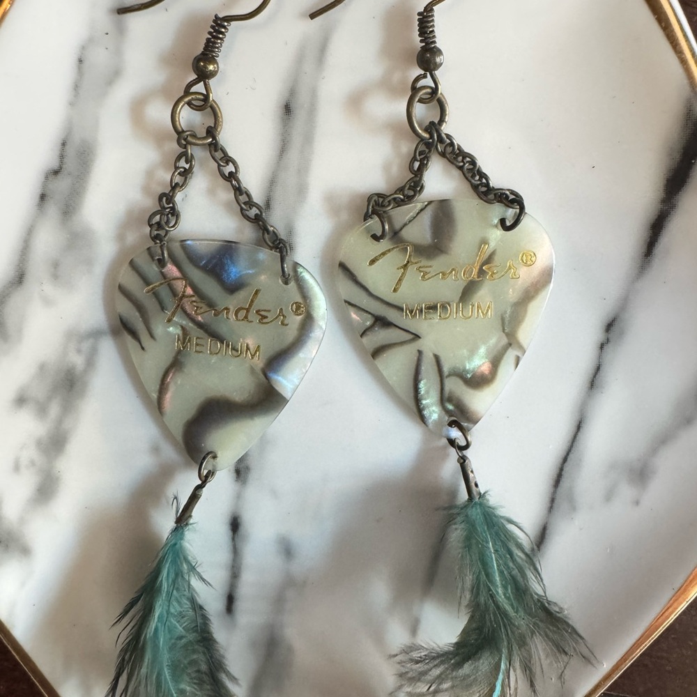 Handcrafted Fender Iridescent Guitar Pick Earrings with Teal Feathers